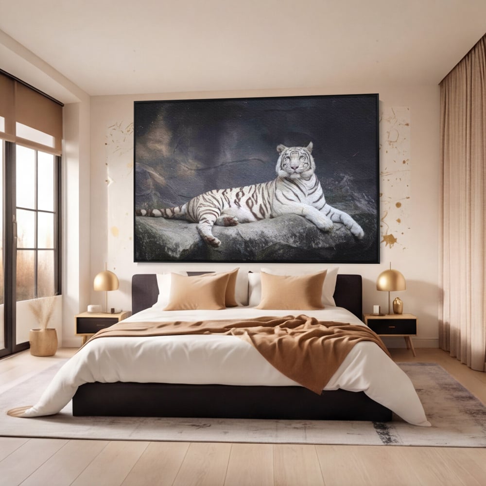 Tablou canvas cu tablou canvas cu tigru alb pe stanca, in rama de aluminiu negru, pe perete intr-un dormitor
